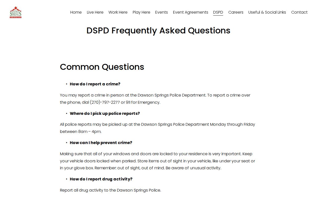 Dawson Springs police FAQ with Hopkins County Jail arrest custody referral