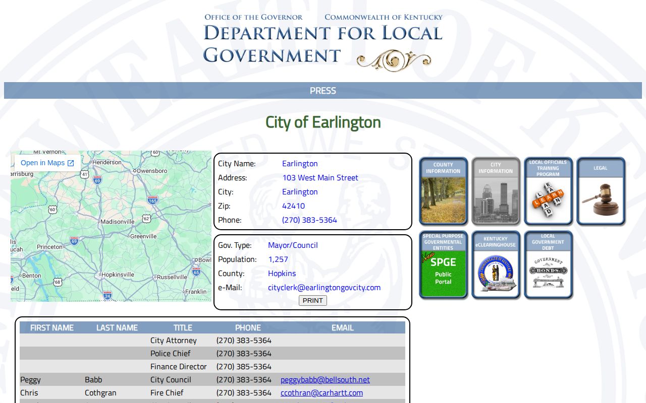 Kentucky DLG Earlington profile for population and police record cross-check